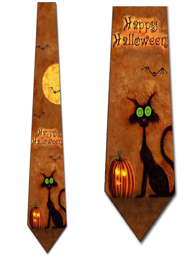 Three Rooker Happy Halloween Ties Black Cat Mens Pumpkin Necktie - Image 2